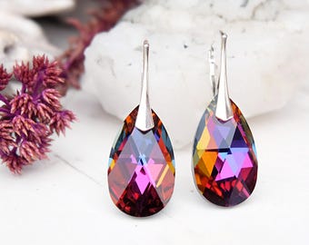 Sterling Silver Swarovski crystals earrings Purple red Swarovski jewellery Wedding bridesmaids earrings Rainbow gold teardrop earrings 1