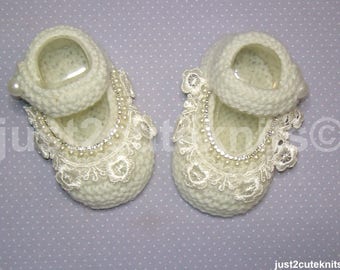 Hand Knitted Designer Baby Girl Booties Mary Jane Lace Pearl & Diamantes Newborn Special Occasion Baby Shower Original Reborn Doll #74