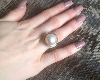 SALE: 14K Gold Natural Mabe Pearl Ring - Ivory Mabe Peral God Ring -14K Yellow Gold Mabe Pearl Ring - Mabe Pearl Ring - 14K Gold Pearl Ring