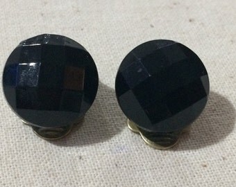 Vintage Faceted Black Glass Dome Button Clip On Earrings