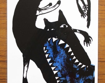 Signed Original Mel Sheppard Screen Print 'Puking Wolf', in Blue (A4 Size)