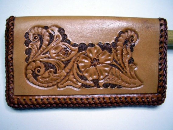 Handmade leather checkbook cover hand tooled by LeathercraftByFran