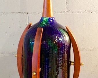 Mid Century Danish Modern Drip Glaze and Teak Table Lamp