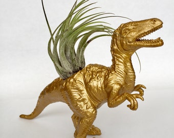 Gold Velociraptor Dinosaur Planter with Air Plant // Coworker Gift // For Her // For Him