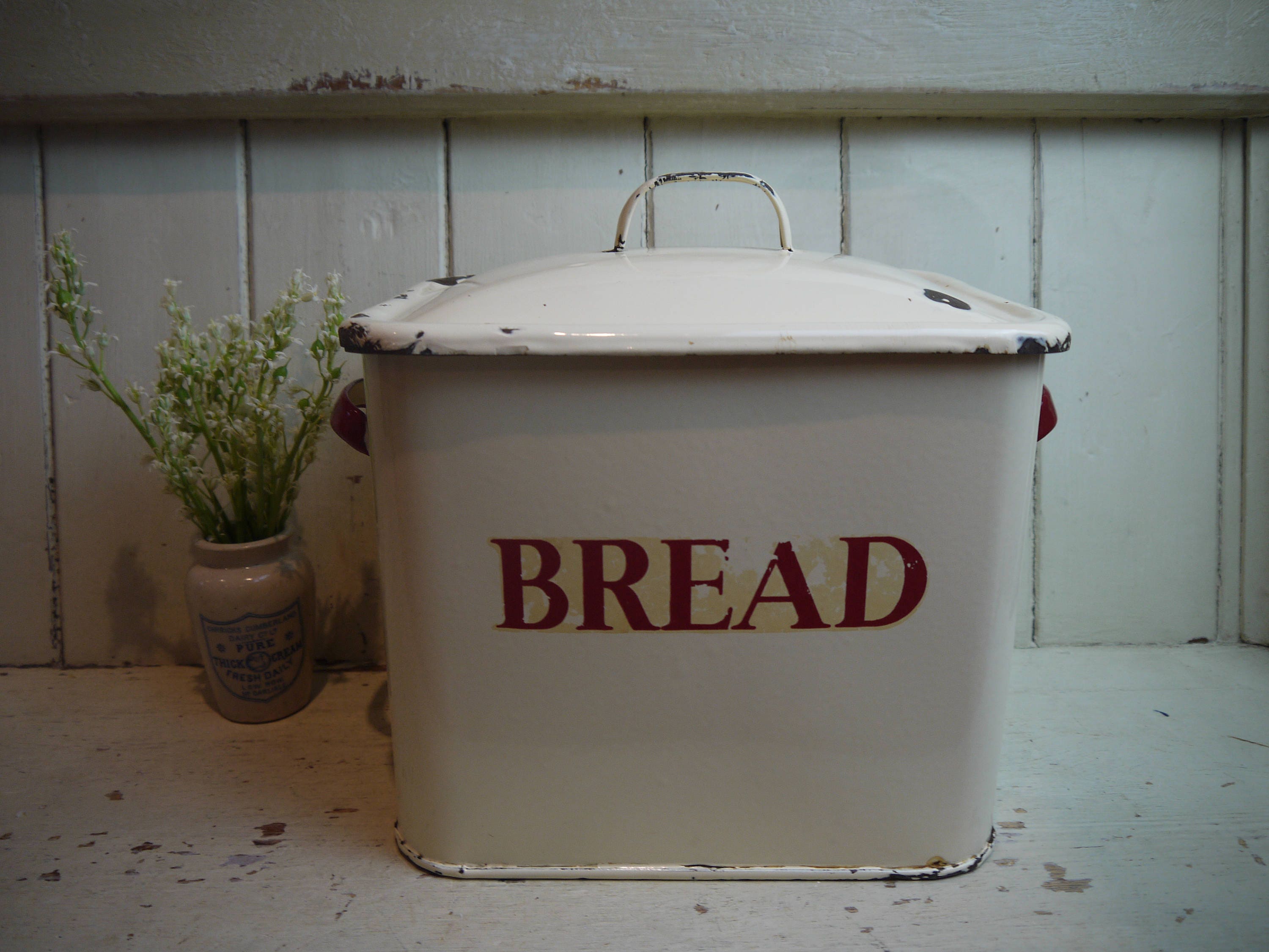 Rare Cream & Red Vintage Enamel Bread Box Bread Bin