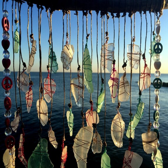 Sea Glass Suncatcher Peace Love Driftwood Mobile Bohemian