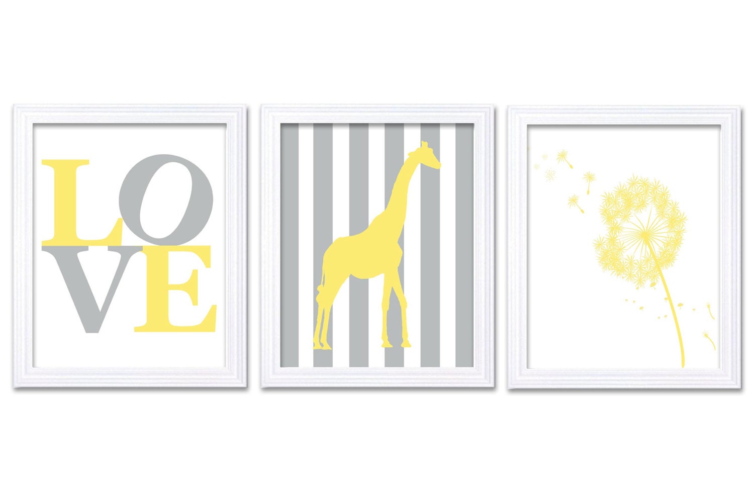 Giraffe Dandilion LOVE Nursery Art Nursery Print Set of 3 Stripes Yellow Grey Gray Child Art Kid Roo