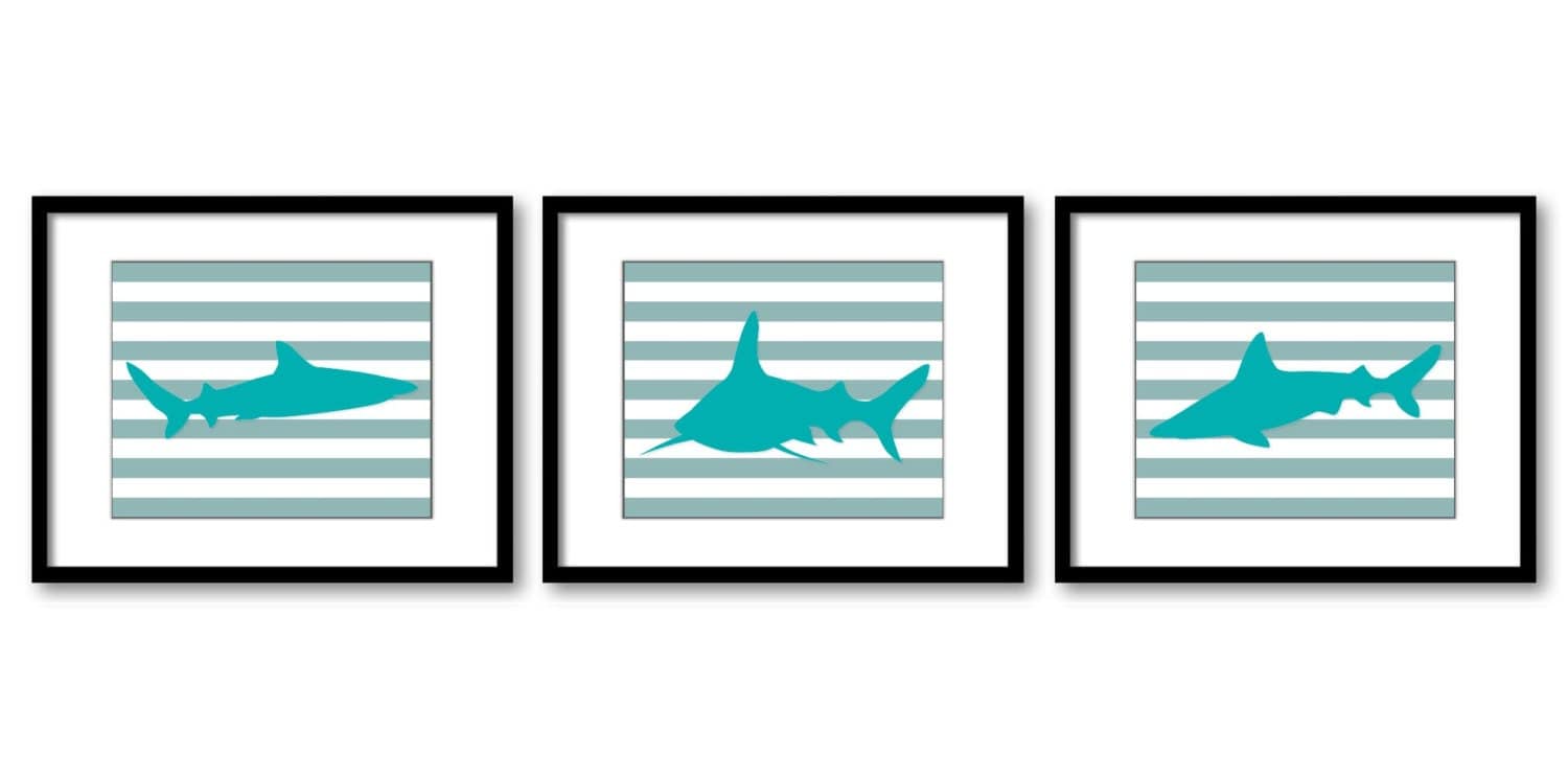 Blue Turquoise Shark Animal Art Prints Set of 3 Grey Gray Stripes Sharks Boys Art Nursery Art Print 