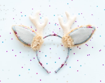 Woodland headband with deer ears and horns, Children Babies Photo Prop, grey and brown