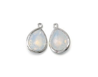Opal Glass Pendant . Jewelry Craft Supplies . Polished Original Rhodium Plated over Brass / 2 Pcs - AG016-PR-OP