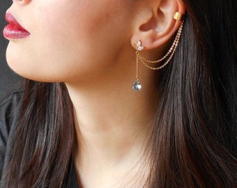 Dangle drop cuff Earrings, Gold chain ear cuff earrings, Long crystal earrings