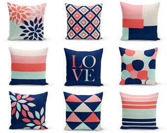 Throw Pillow Covers, Decorative Pillows, Cushion Cover, Geometric, love, floral, Coral Navy Aqua Blush Beige, Home Decor, Living Room Decor