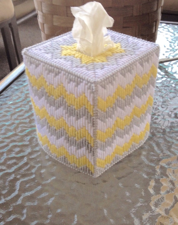 Yellow White and Gray Bargello Tissue Box Cover by TissueMart