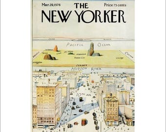 50% Off Estate Sale Vintage The New Yorker Magazine Cover Poster Print Art, Steinberg, 1976 Matted to 11" x 14", Item 001, 9th Ave