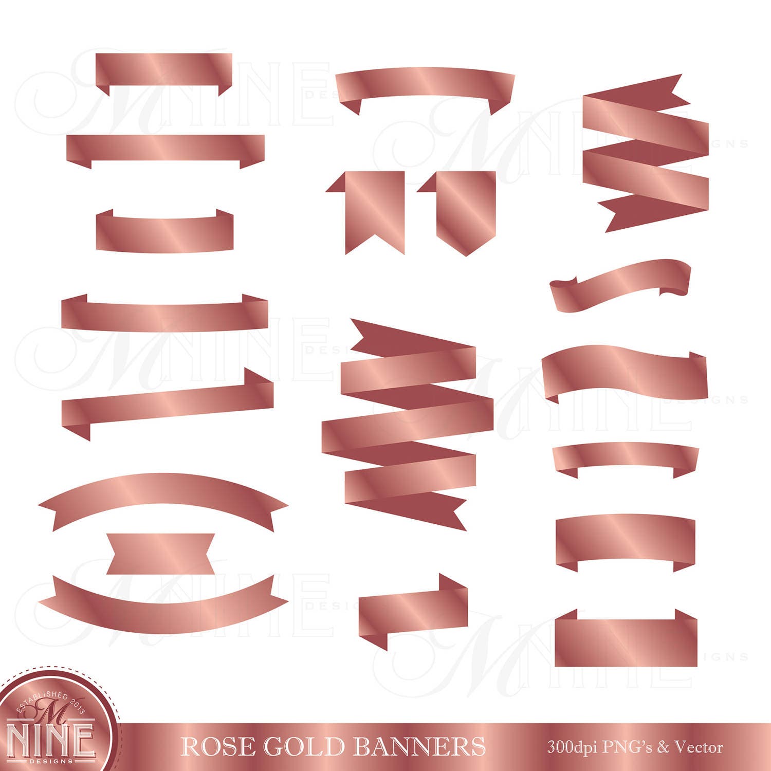 Rose Gold RIBBON BANNERS Clipart / Digital Clip Art Banners
