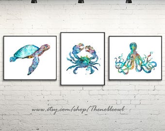 Ocean art print set watercolor nautical painting turtle crab octopus nautical print, coastal decor, beach wall art - H284/H286