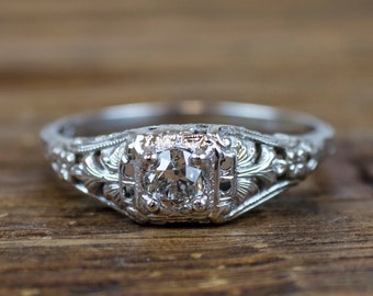 Vintage 1920's Art Deco Engagement Ring 18K White Gold .34 ct Diamond Ring