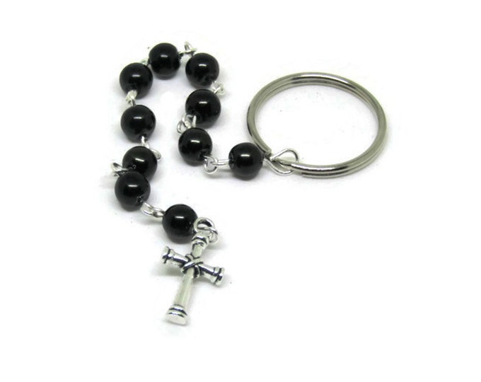 Gift for Groom, Black Pearl One Decade Pocket Rosary, Key Chain Rosary, Wedding Keepsake, Gift for Groomsman