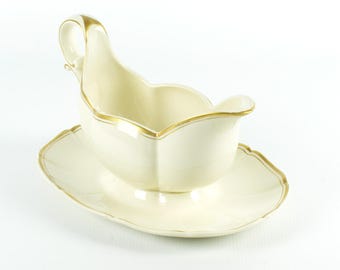 Vintage Boch la Louviere porcelain gravy or sauce boat - gorgeous design with golden trim