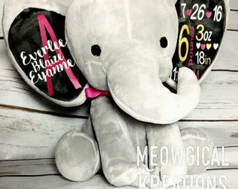 Birth Announcement Stuffed Animal, Personalized Elephant, Elephant Birth Announcement, Elephant, Baby Stat Elephant, Baby Announcement Toy