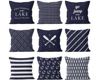 Lake House Decor, Nautical Lake Navy Blue Pillow Covers Set Mix and Match, Ocean Waves Fish Hooks Paddles Anchors Stripes Rope Pillow Cover
