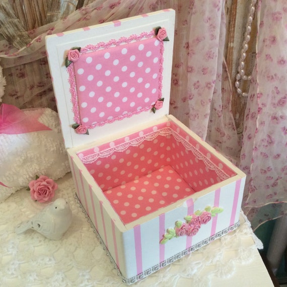 Shabby chic Pink roses wooden box for jewelry sewing or
