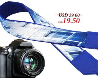 Unique design camera strap. Abstract camera strap. Flash. Blue and white neck camera strap. Photographer gift. Gift for husband.