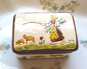 Majolica Ring Dish~Girl Tending Sheep~Hand painted Majolica ITALY 54~Vintage Ring Trinket Dish~Mid Century Keepsake box~by JewelsandMetals