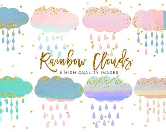 baby clouds clip art, Watercolor fluffy clouds and rain drops, digital papers, magical clipart, nursery art, children decor, whimsical