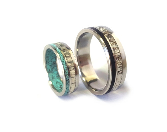 Titanium Wedding Ring Set, Titanium Ring with Deer Antler and Turquoise Inlays, Men's Ring with Ebony Wood and Antler Inlays