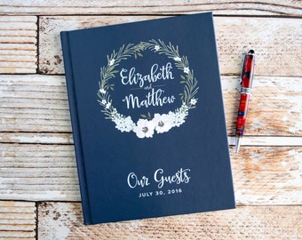 Wedding Guest Book Personalized Wedding Guestbooks Custom Navy Blue Blush Pink Wedding Floral Script Font Modern Wedding Keepsakes GB114-1