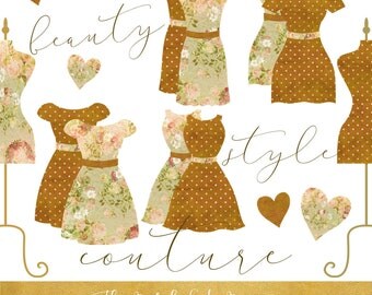 Vintage Fashion & Couture Clipart Set - Green and Brown Dresses and Mannequins - INSTANT DOWNLOAD - 24 .PNG Files
