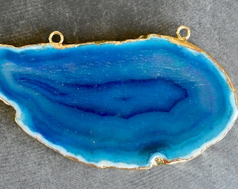 86MM Gold Edged Agate Pendant Connector, 24K Gold, Gold Electroplate, 86x43x6mm Agate Slice Pendant, Agate Geode Slice, Turquoise Blue