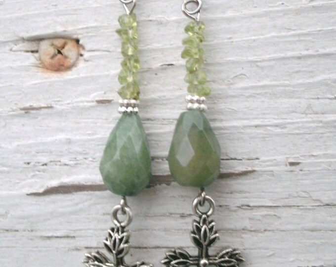 Peridot and Jade Earrings with silver crosses, woodland look cross charms, Peridot gemstone beads, Jade teardrop beads, religious, spiritual
