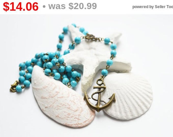 SEA BREEZE Necklace made of brass with natural stone from turquoise and with suspension Anchor, Blue, Pastel,Sea and Ocean, Nature, shell