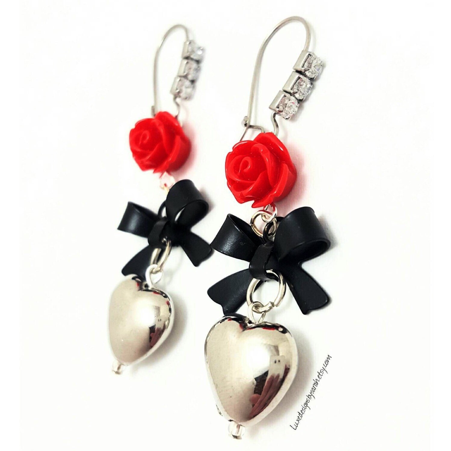 Heart earrings valentines day earrings bow earrings red