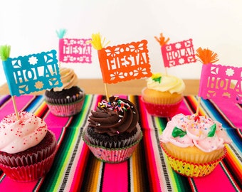 Mexican Fiesta Cupcake Toppers, Cinco de Mayo, Fiesta Birthday Party, Papel Picado Cake Decorations, Set of 12