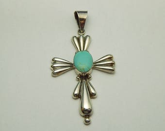 Huge Mexico Sterling Cross Pendant with Light Blue Stone, Mexico Sterling Silver Cross Turquoise