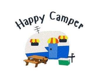 Happy Camper Embroidery Design Camping Embroidery Designs Camper Trailer Design Filled Stitch 4X4 5X7 6X10 8X8 Instant Download