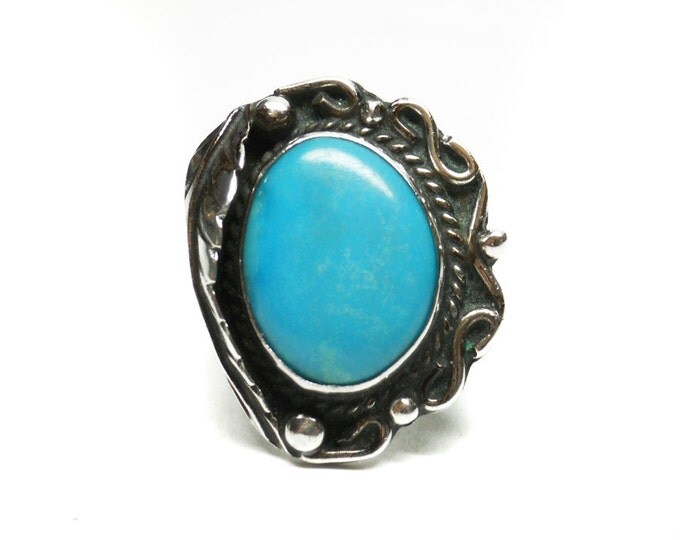 Storewide 25% Off SALE Vintage Navajo Sterling Silver Sleeping Beauty Turquoise Ring Featuring Elegant Inscribed Leaf Designs