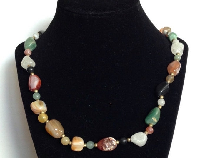 Storewide 25% Off SALE Vintage Assorted Polished Stone Eclectic Designer Necklace Featuring Gold Petite Bead Spacers With Inscribed Pattern