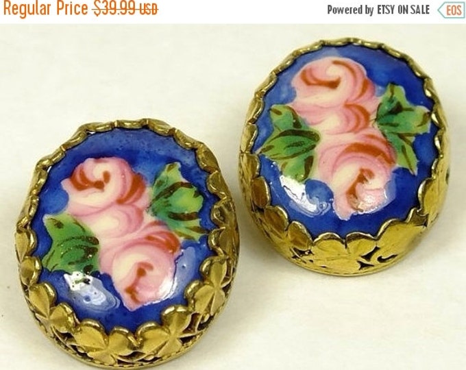 Storewide 25% Off SALE Beautiful Vintage Designer Floral Decoupage Button Style Earrings Featuring Gold Tone Base with Pink Roses on a Blue