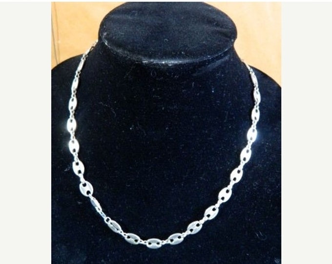 Storewide 25% Off SALE Vintage Silver Tone Oval Medallion Flush Style Designer Chain Necklace Featuring Classical Timeless Design