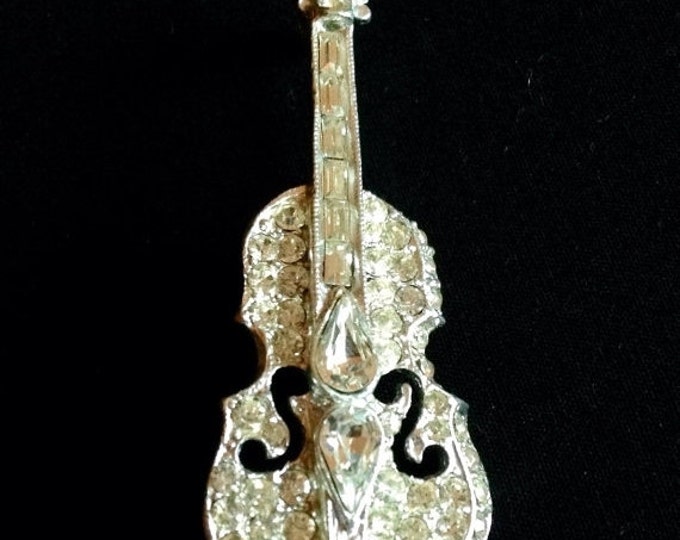 Storewide 25% Off SALE Large Vintage Silver Tone Rhinestone Encrusted Designer Music Violin Brooch Pin Featuring Elegantly Detailed Design