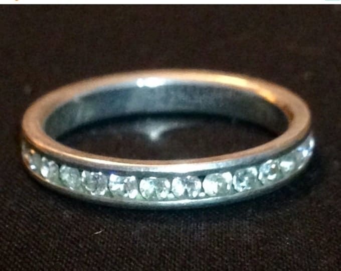 Storewide 25% Off SALE Vintage Platinum Silver Tone Clear Rhinestone Eternity Cocktail Ring Featuring Diamond Style Channel Setting With Sle