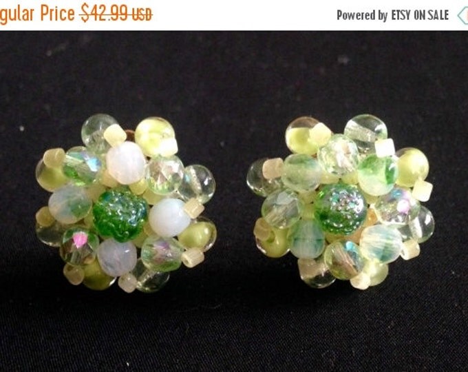 Storewide 25% Off SALE Beautiful Vintage Ocean Green Glass Crystal Rosette Clip Style Designer Cluster Earrings Featuring Iridescent Shimmer