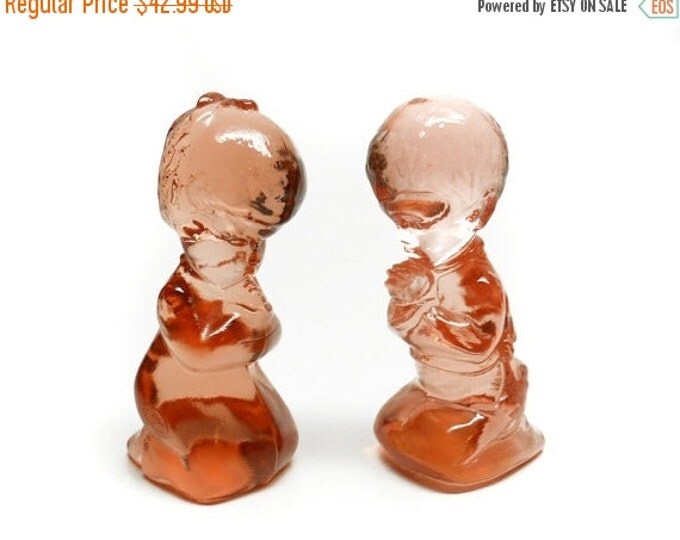 Storewide 25% Off SALE Vintage Boy & Girl Bedside Prayer Fenton Art Glass Complimentary Figurines Featuring Translucent Salmon Colored Glass