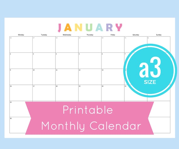 A3 Calendar 2017 Monthly Calendar A3 Size Printable Monthly