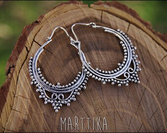 Silver earrings. Tribal jewelry. Gypsy. Ehnic style
