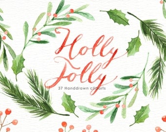 Holly Jolly Watercolor Christmas Clipart, Holiday Winter Set, Christmas Card, Santa Claus, New Year clipart, decorations, Greeting card